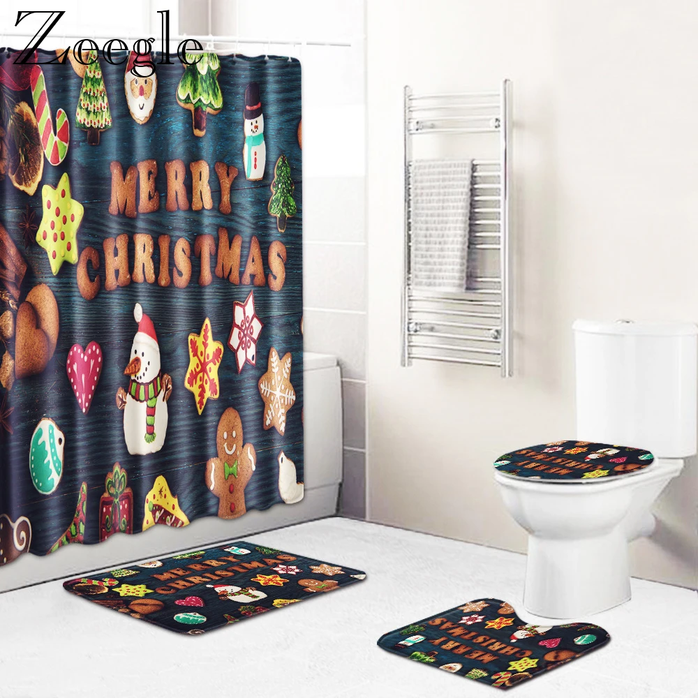 

Набор рождественских ковриков для ванной и душевой занавески, нескользящий коврик для ванной комнаты, напольный коврик для душа, абсорбиру...