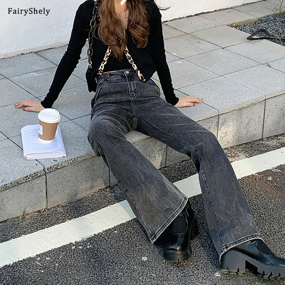 

FairyShely 2021 Women Vintage Hip Hop Overlength Jeans Pants Trousers Pockets Zipper Female Korean High Waist Wide leg Pants