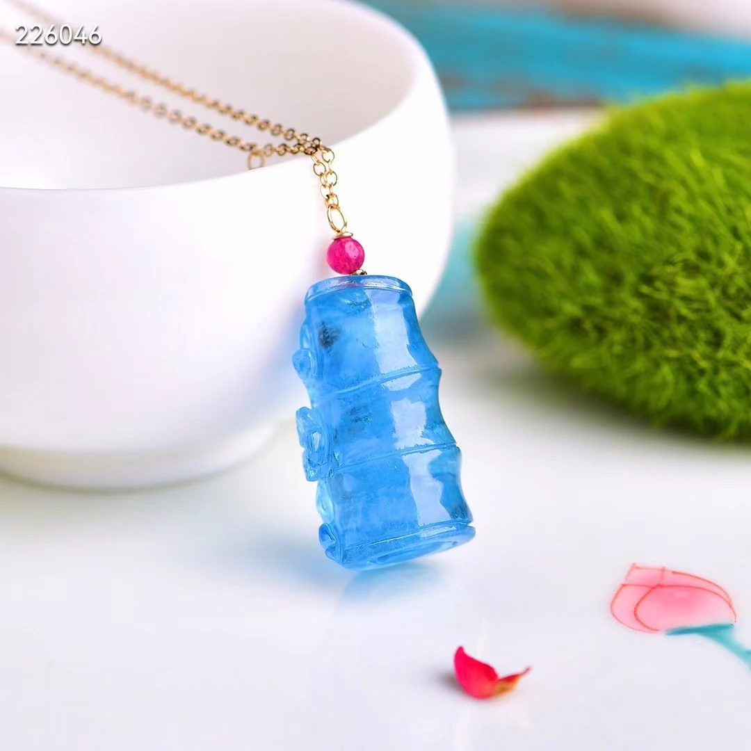 

Genuine Natural Blue Ice Aquamarine Bamboo Pendant 25.4*14mm Clear Rectangle Women Necklace Jewelry AAAAA