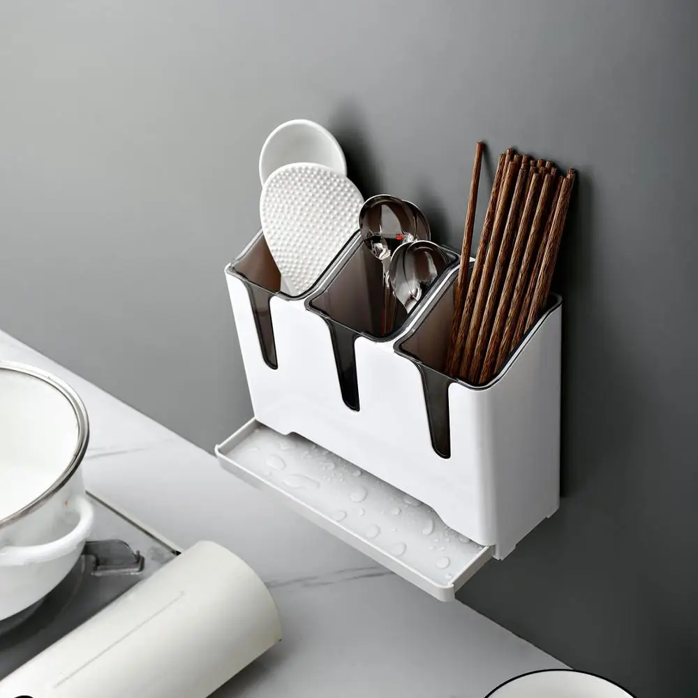 

3 Grids Removable Chopsticks Storage Rack Kitchen Tableware Chopsticks Spoon Fork Storage Box With Draining Tray