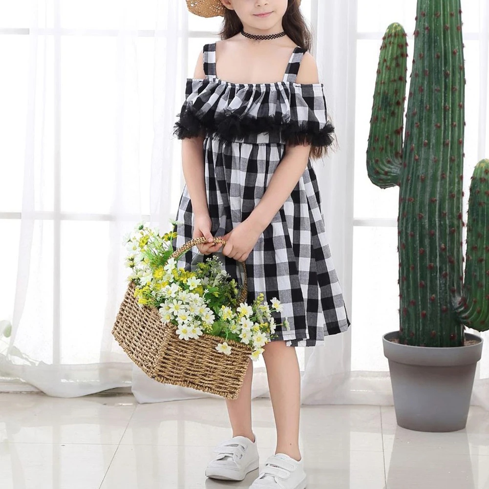 

Детское клетчатое платье для девочек, летнее свободное Хлопковое платье с открытыми плечами и ремешками, AN88