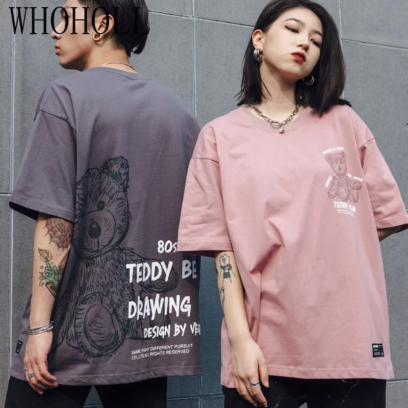 

Summer Couples T-shirt Man Women Hand Painted Bear Cartoon Graffiti Print Short Sleeve Loose Lovers T-shirt For Men