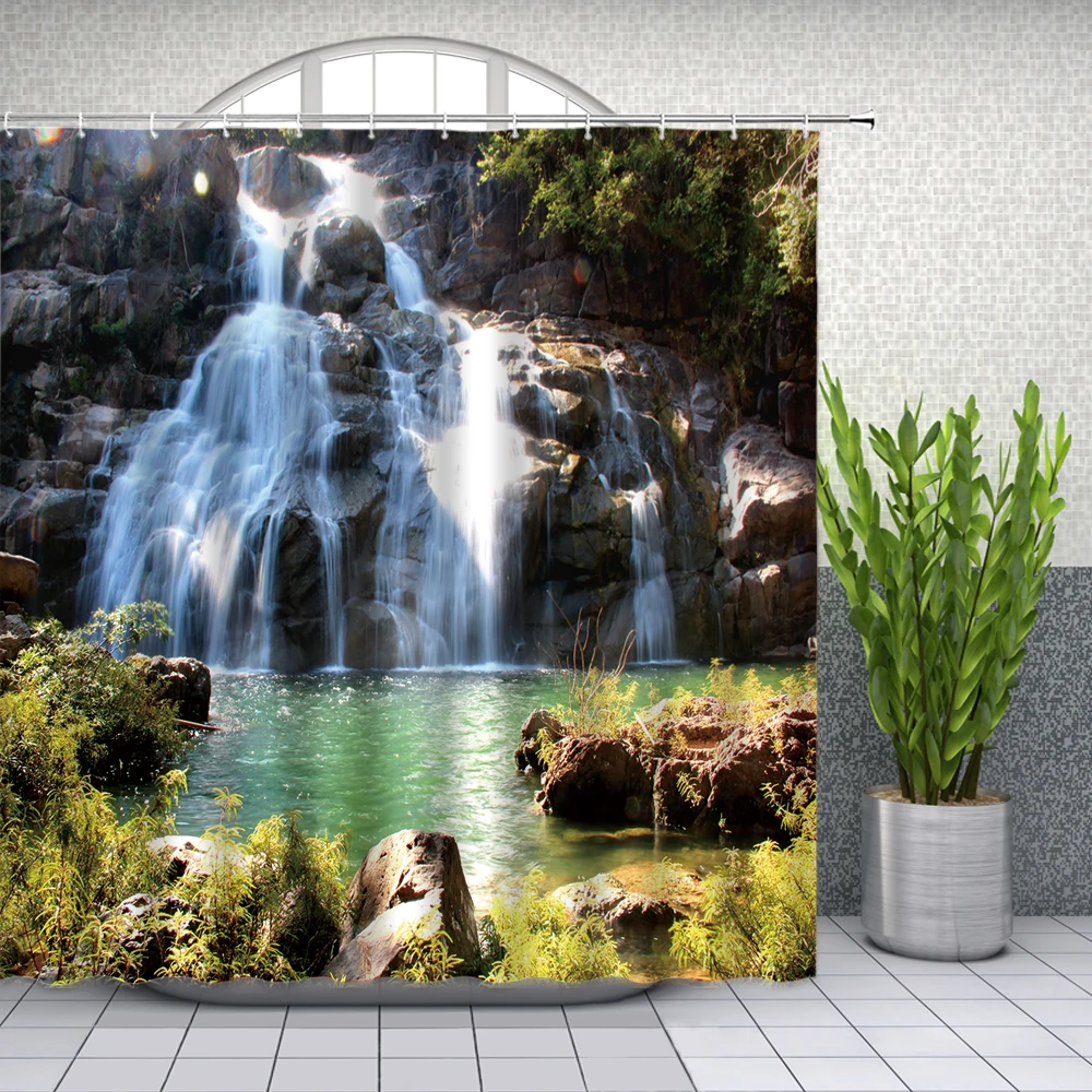 natural scenery shower curtains waterfall green meadow flower spring landscape bathroom decor waterproof cloth curtain set cheap free global shipping