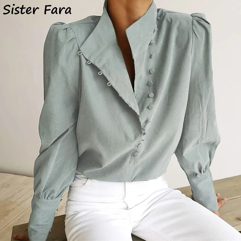 

Рубашка женская однотонная с воротником-стойкой и рукавами-фонариками