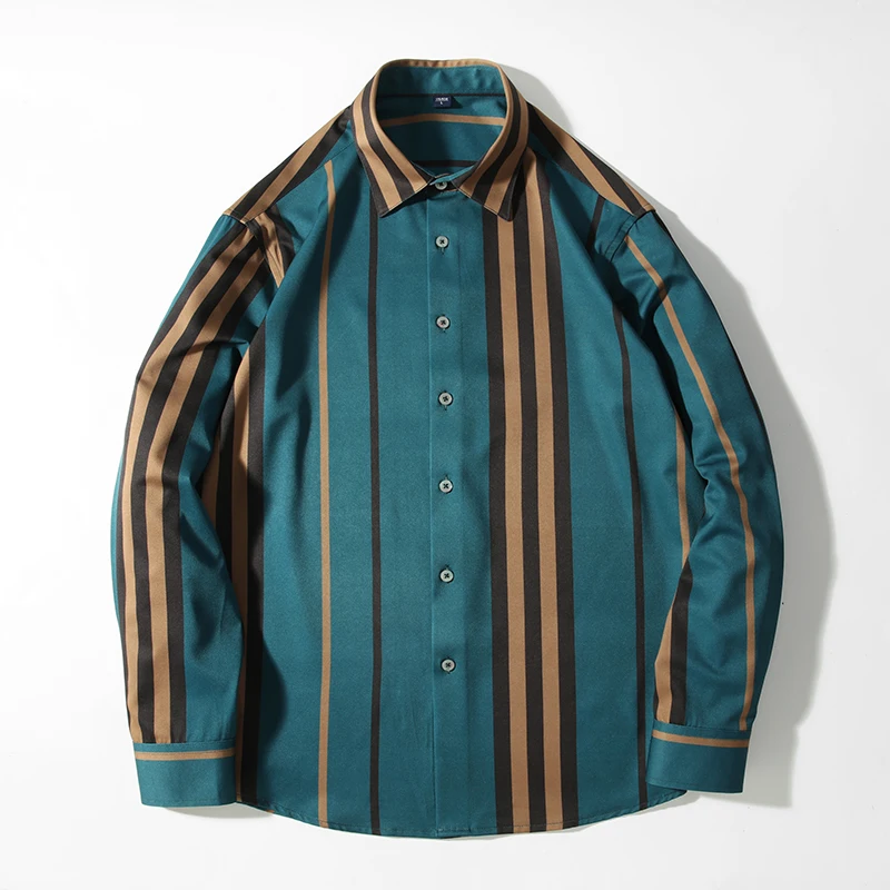 Summer Man Shirt Long Sleeve Striped No Ironing Werstern Fashion Slim Fit Button Up Casual Anti Wrinkle Blouse