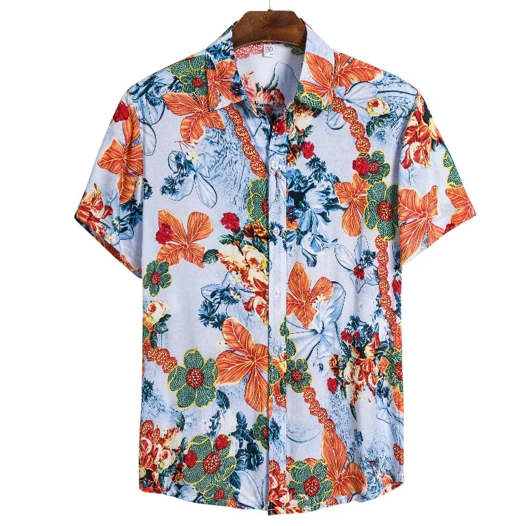 

2021 New Summer Mens Beach Shirts Fasshion Flowers Printed Thin Breathable Loose Short Sleeve Lapel Shirt