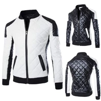 mens standing collar diamond lattice pu leather jacket black and white color matching large motorcycle leather coat