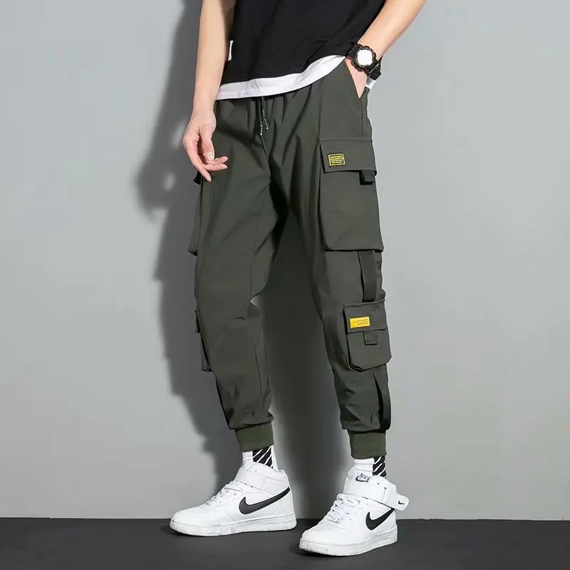 2021 Ribbons Black Men's Cargo Pants Side Pockets Casual Streetwear Pant Male Hip Hop Male Joggers Trousers Men Man Casual Pants