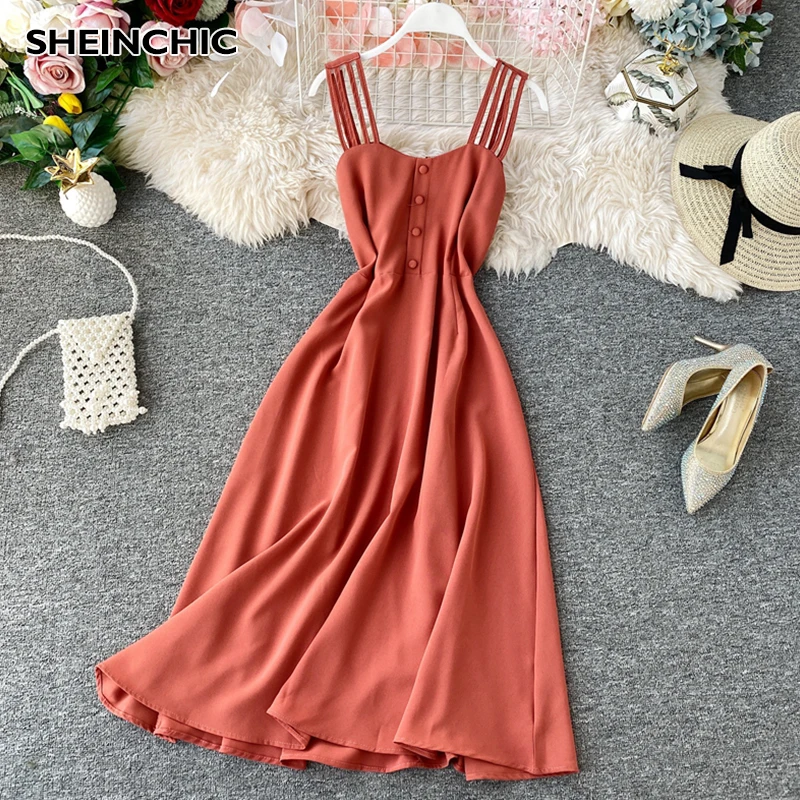 Винтажное однотонное синее/розовое/черное/зеленое платье на бретельках 2020