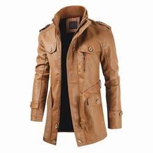 Men 2021 Spring New Long Warm Fleece Leather Jacket Trench Men Outwear Brand Thick Casual Motor Vint