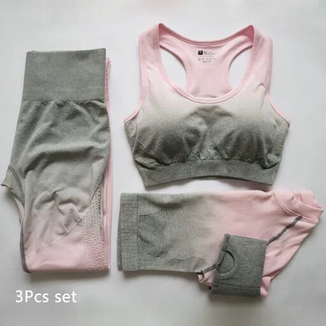 Pink 3pcs set 3 шт., бесшовный комплект для йоги с эффектом омбре, женская одежда для тренировок, спортивный бюстгальтер, топы с длинными рукавами, леггинсы, набор для бега, фитнеса, спортзала, женская спортивная одежда - Цвет: Pink 3pcs set
