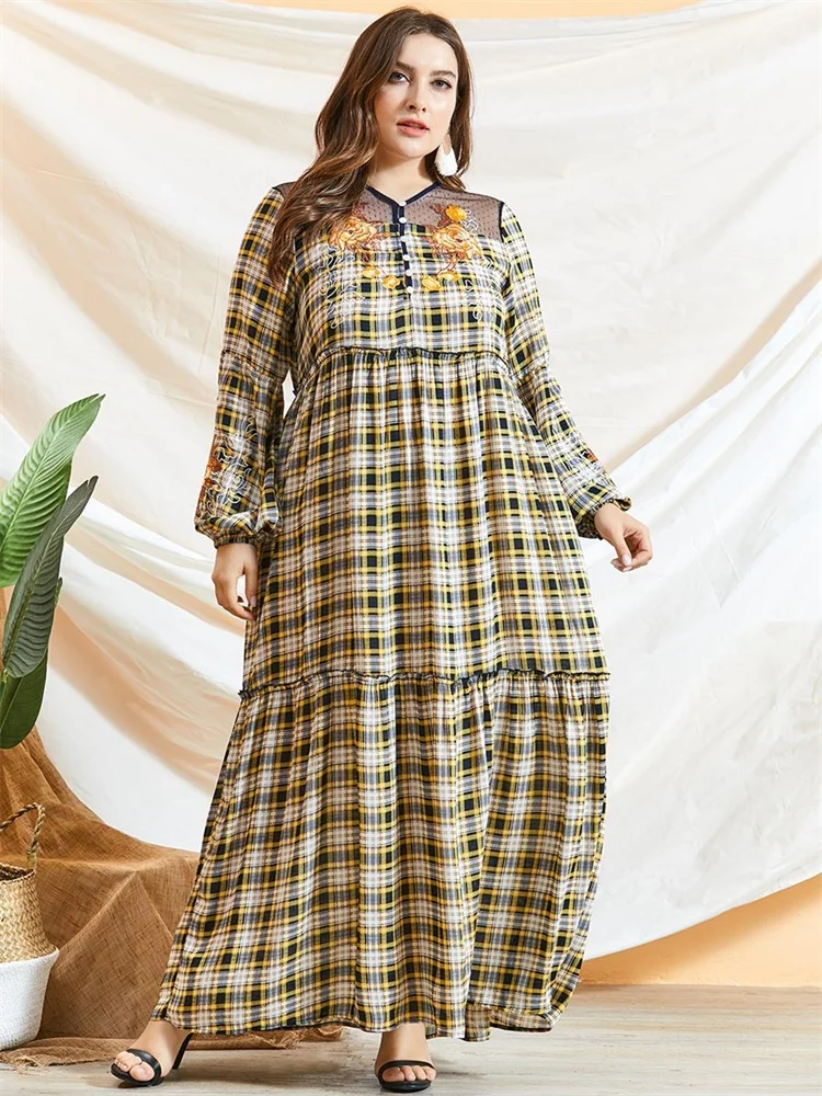 Siskakia Макси платье в клетку с цветочной вышивкой этнические пуговицы v образный