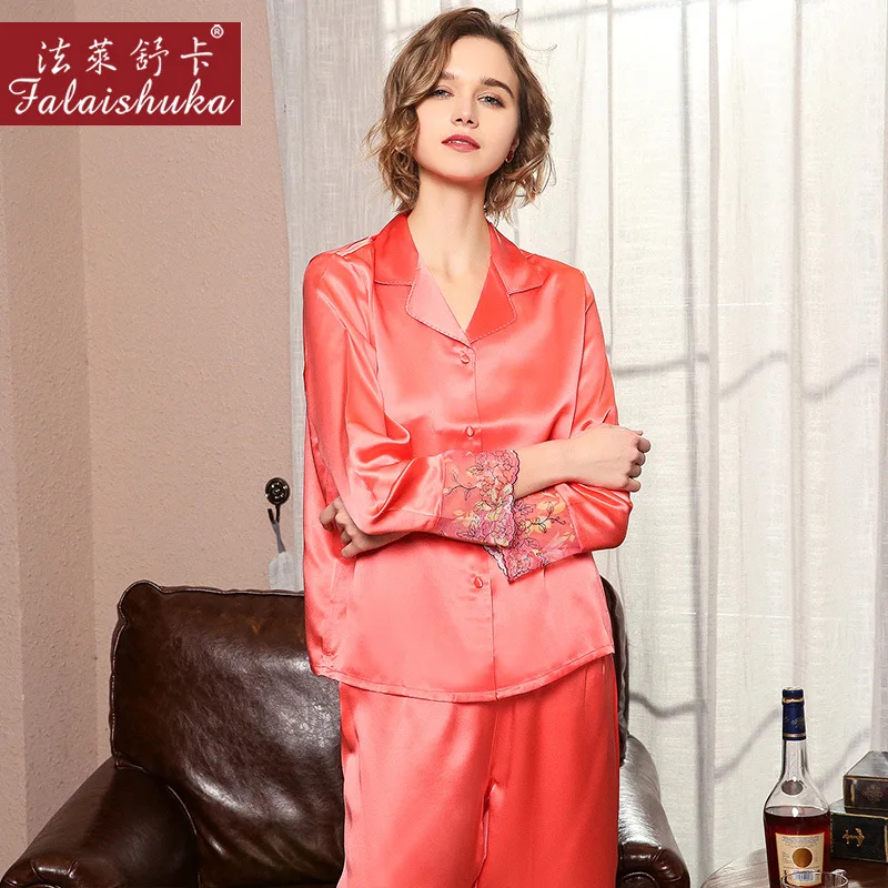 Sexy Silk Stain Pajamas 2020 Lace Print Full Sleeve Woman Spring Summer Marry Homewear 100% Silk  Sleepwear Sets  Home Wears XL