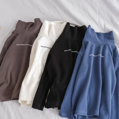 

Детская водолазка, базовая футболка, однотонный топ для маленьких мальчиков и девочек, детский пуловер, футболка с буквенным принтом, детск...