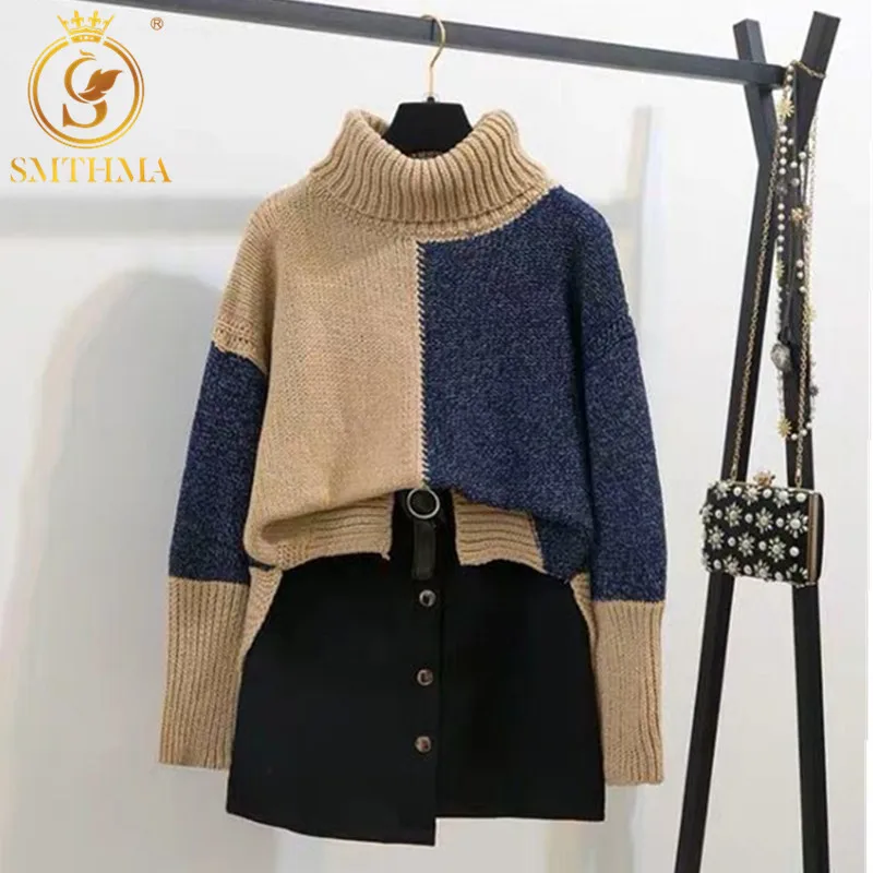 SMTHMA/осенне зимний вязаный пуловер в стиле пэчворк + черная юбка комплекты из 2