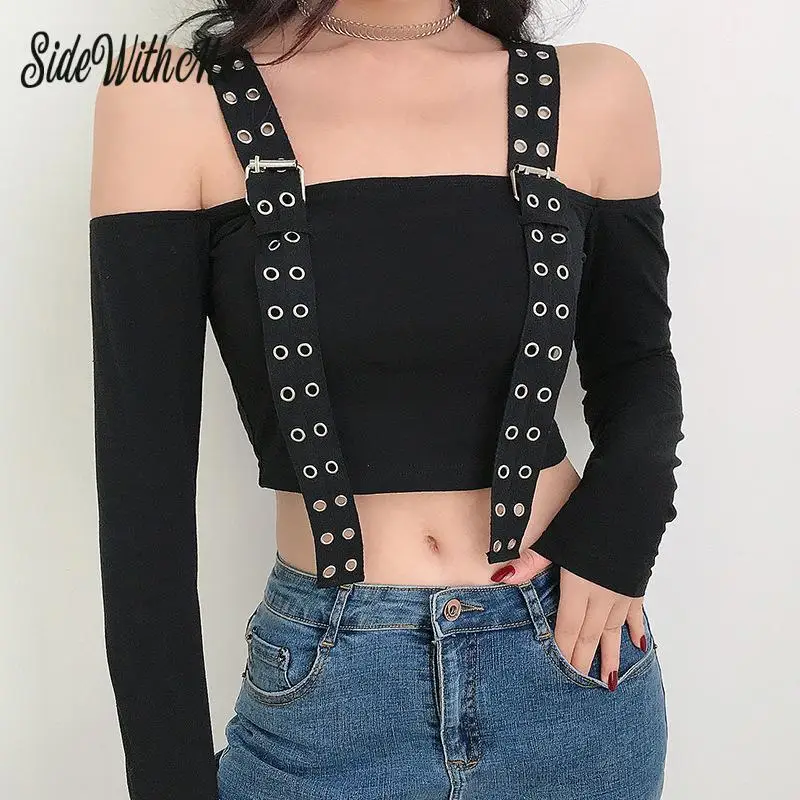 Черная футболка в готическом стиле женские сексуальные короткие топы с длинным