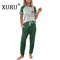 xuru 2022 european and american summer new ladies trousers suit sports short sleeved trousers hit color stripes two piece suit