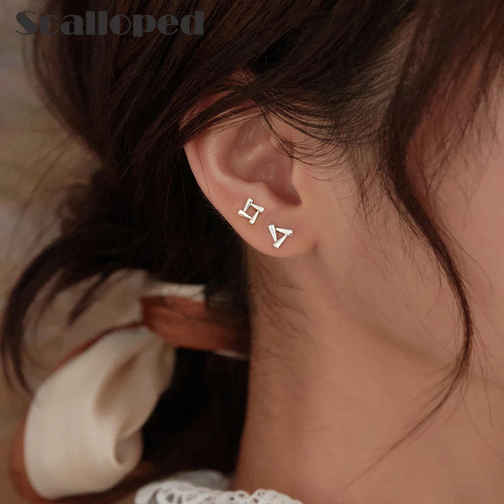 

SCALLOPED Simple Geometric Triangle Square Stud Earrings For Women 2021 New Exquisite Small Fashion Jewelry Girls Gift Wholesale