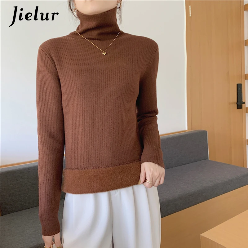Jielur Свитер женский с высоким воротником флисовый вязаный облегающий пуловер