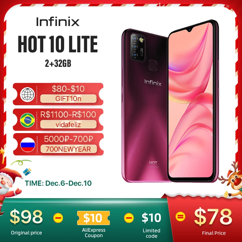 

Смартфон Infinix 10Lite, 2 + 32 ГБ, 6,6 дюйма, 5000 мАч, 13 МП