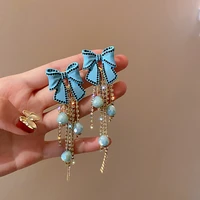 925 silver needle korean original design small fragrance super fairy shining diamond crystal bow tassel earrings