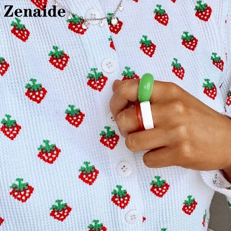 

Zenaide Cute Strawberry Print T Shirt White Casual Women Y2K 2021 Autumn Knitted Kawaii Korean Fashion Basic Crop Tops