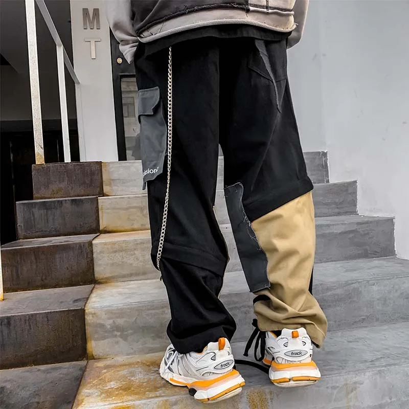 UNCLEDONJM Цвет блок брюки-карго для мужчин Уличная одежда в стиле хип-хоп с свободной