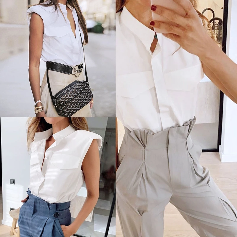 

Women Sleeveless White Shirt Blouse Button Down Padded Shoulder Vest Tank Top D08E