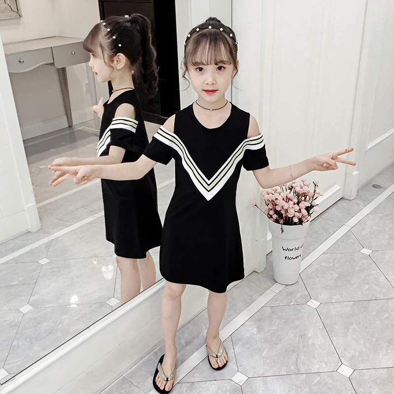 Girls College Wind Dress 2021 Summer New V-neck Off-the-shoulder Blouse White Black Small Fragrant 4 6 8 10 12 Year | Детская одежда и