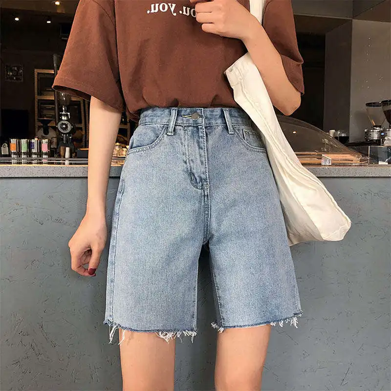 

All Match Vintage Denim Shorts Women Summer Korean Fashion High Waist Shorts Knee Length Midi Straight Casual Shorts Jeans C7309