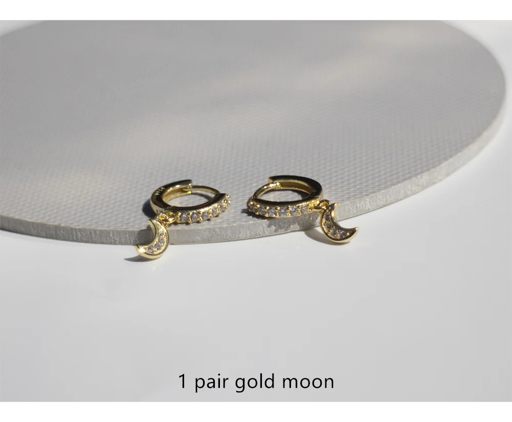 1 pair gold moon Серьги из стерлингового серебра 925 пробы, модные циркониевые серьги в форме сердца, Луны, звезды, Листьев, Короткие серьги, кольцо для ушей, милые трендовые женские серьги jewe - Окраска металла: 1 pair gold moon