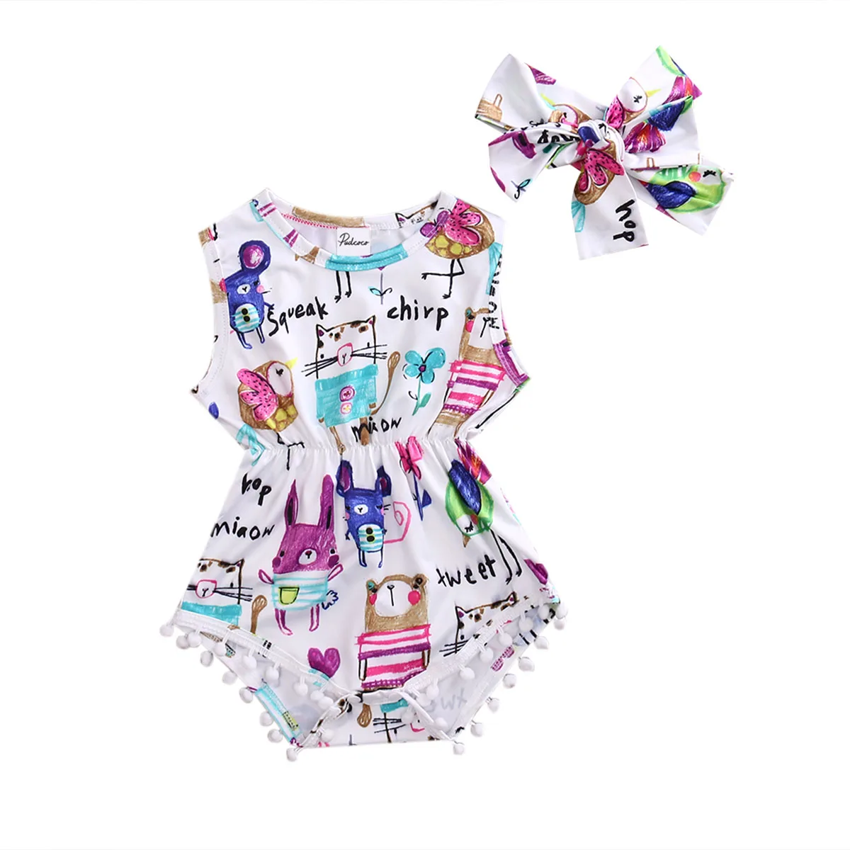 

Baby Girl Cute Cartoon Printed Bodysuit with Headband 0-24M Newborn Infant Summer Casual Tassels Romper Sunsuit Outfit 2021 New