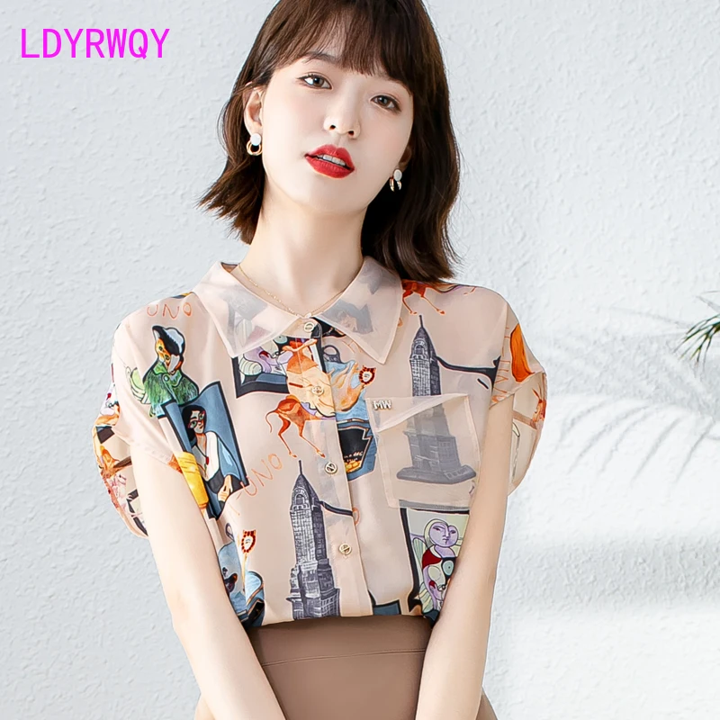 

LDYRWQY 2021 new fashion summer Japanese and Korean thin slim-fit printed short-sleeved single-breasted chiffon shirt