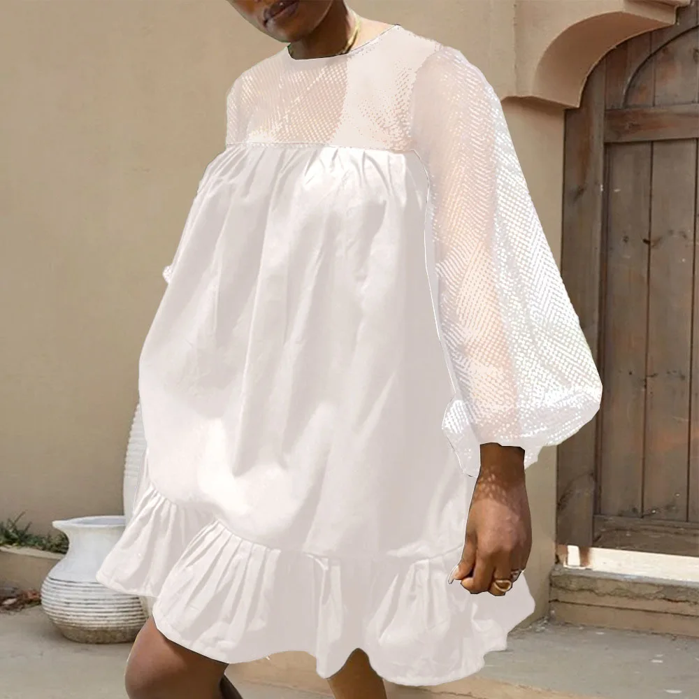 

Женское платье с круглым вырезом, соблазнительное свободное однотонное платье в клетку с оборками и длинным рукавом в западном стиле, Новин...