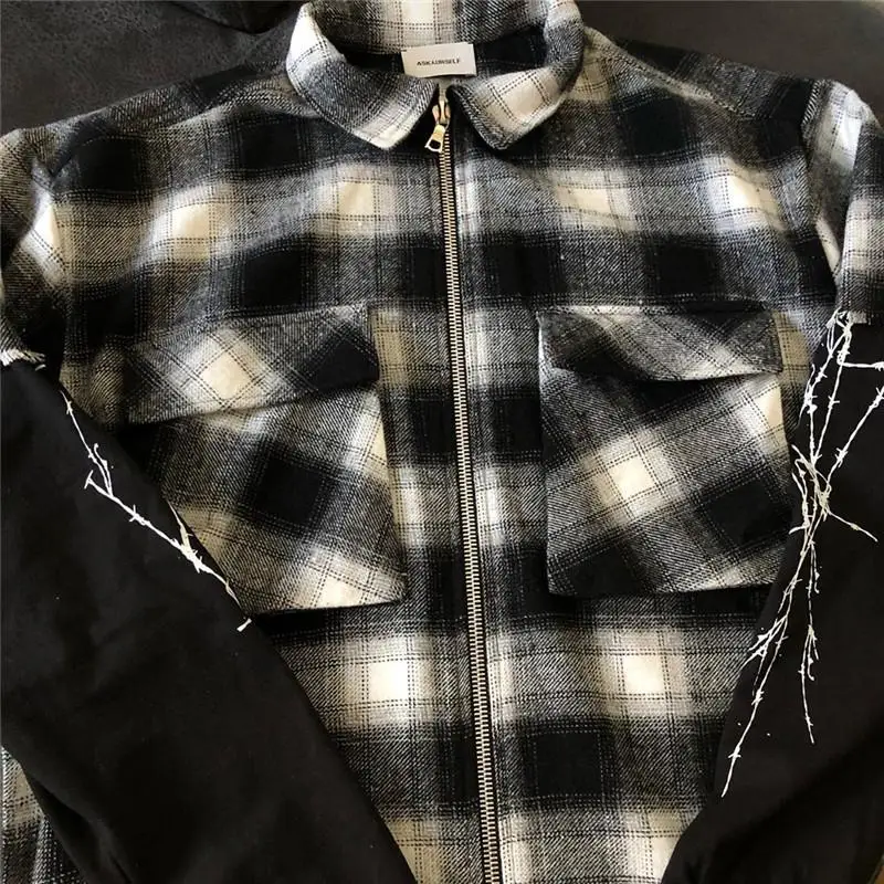 

Askyurself Flannel Shirts Mock Two-Piece Spider Sleeves V6 Heavy Fabric Askyurself Black White Plaid shirt Men
