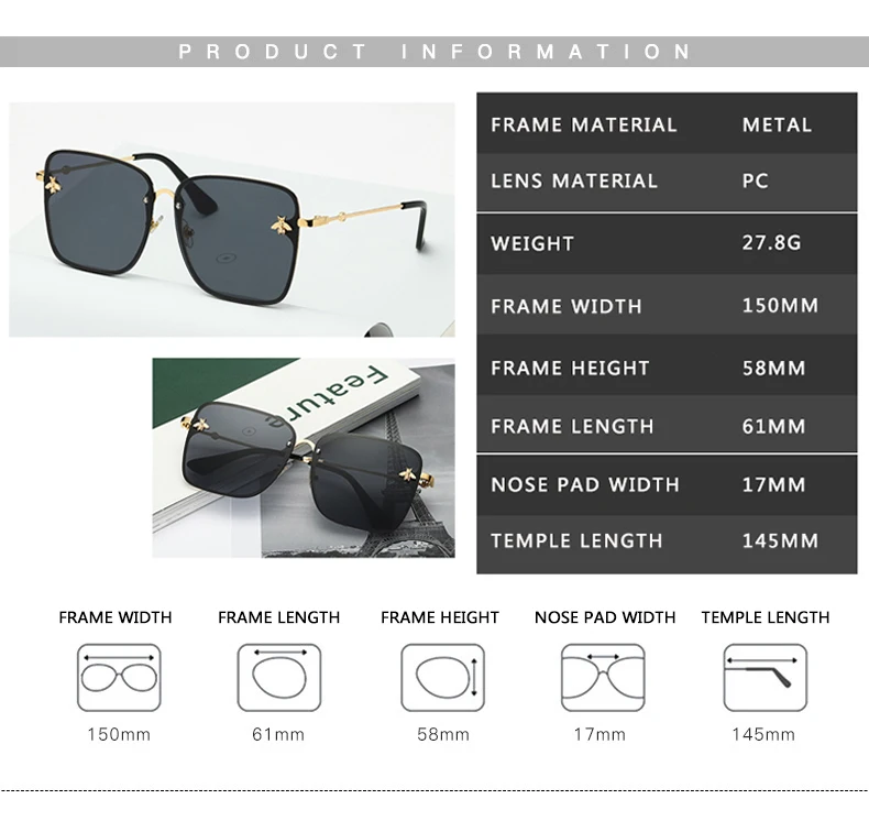 

2021 New Fashion Lady Oversize Rimless Square Bee Sunglasses Women Men Small Bee Glasses Gradient Sun Glasses Female UV400