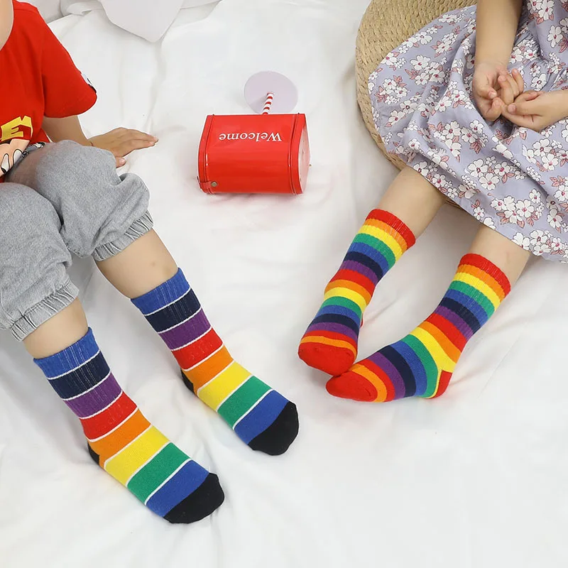 New 1-12Yrs Child Socks Autumn Winter Rainbow socks Color Matching Striped Children's Pile Student Kids Boys Girls Tube Sock