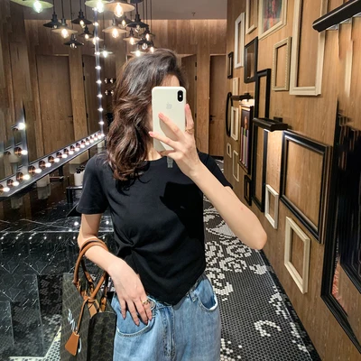 

HAN Short-sleeved T-shirt women's summer new bright color short basic round neck personality folds versatile and comfortable
