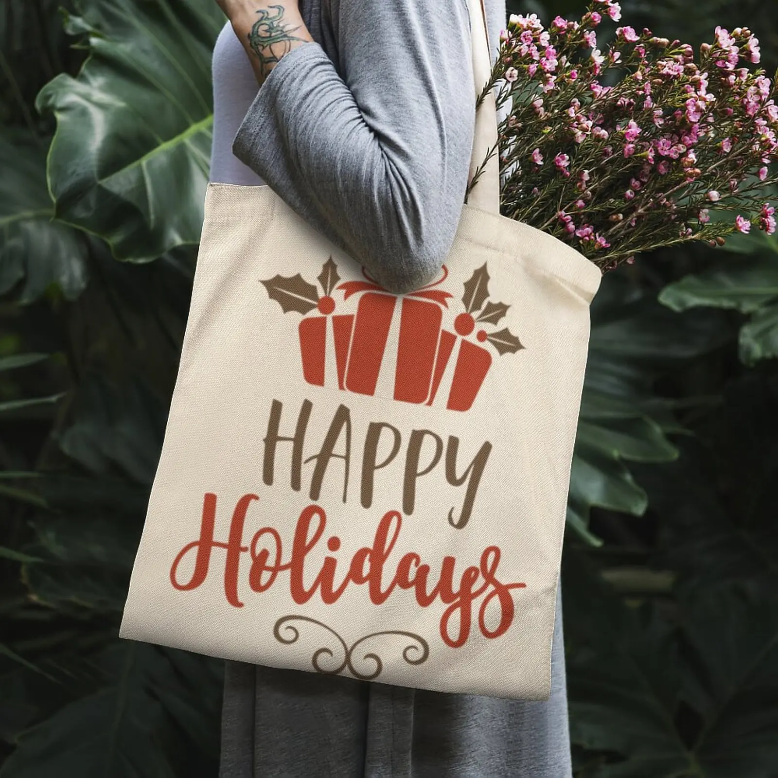

Happy Holidays Eco-Friendly Tote Bag White Shopper Bag Punk Travel Books