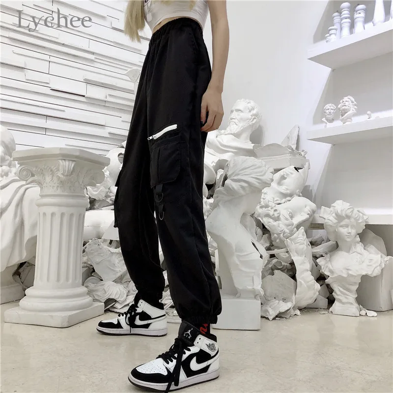 Lychee спортивный свитер Harajuku Одноцветный с пряжкой женские штаны карманами С