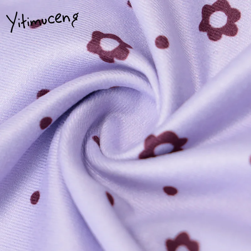 

Yitimuceng Floral Print Women Tshirts Sexy Crop Top Purple Short Sleeve Stand Slim Tee 2021 Summer Sweet Kawaii Korean Fashion