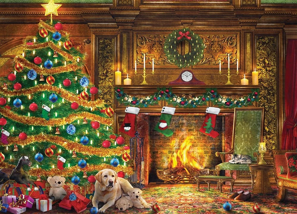 

JOHNSON Festive Labs Tree Fireplace Indoor Village Dog Clock background High quality Computer print christmas backdrops