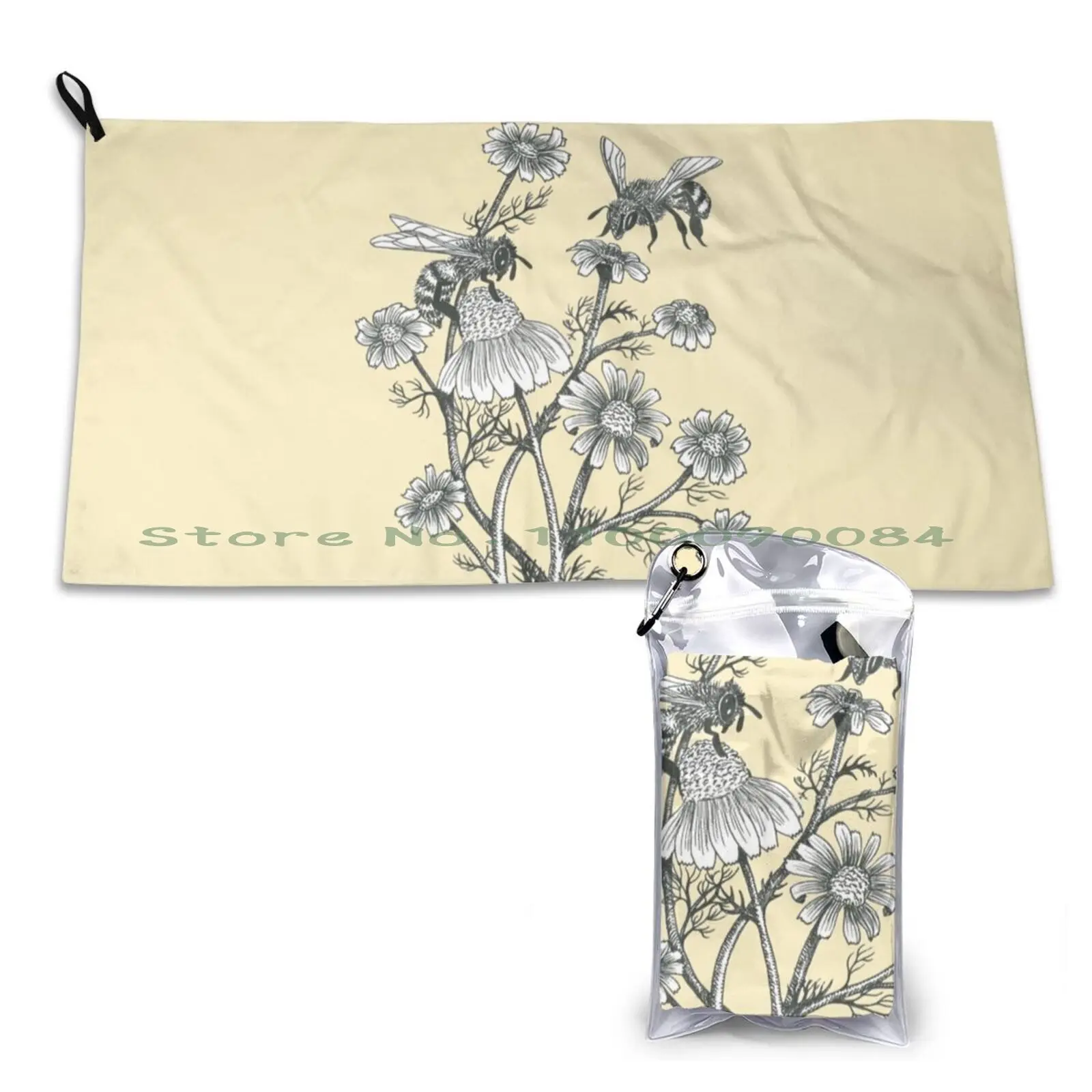 Gym Sports Bath Portable Honeybees Chamomile Inkdrawing Linework Black