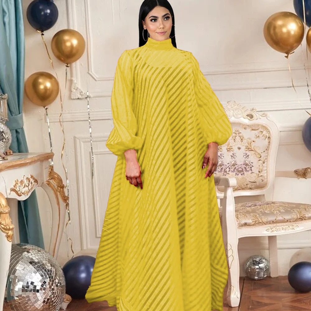 

Yellow Shirt Dresses Plus Size 4XL Long Sleeve See Through Striped Stand Collar A Line Oversized Transparent Summer Casual Robes