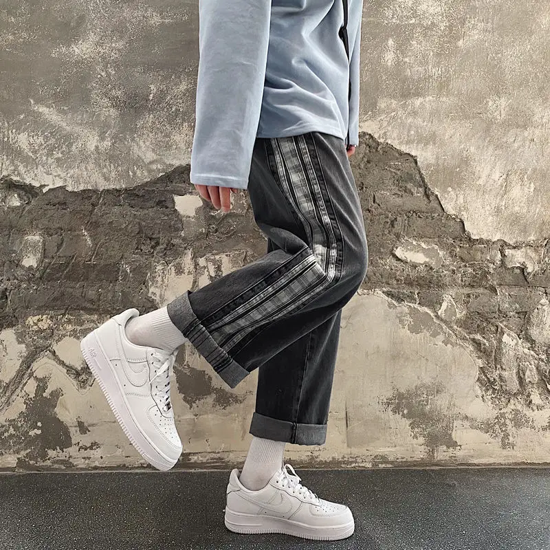 

Korean Style Plaid Jeans Men's Fashion Casual Retro Wide-leg Jeans Men Streetwear Loose Hip-hop Straight Denim Trousers Mens