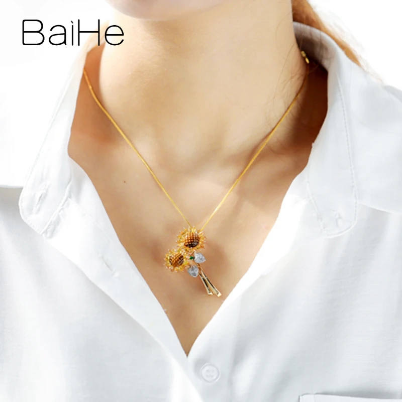 BAIHE Solid 14K White+Yellow Gold Natural Diamonds+Tiger's eye+Tsavorite+Yellow Sapphirs Fine Jewelry Sun flower Pendant брошь |