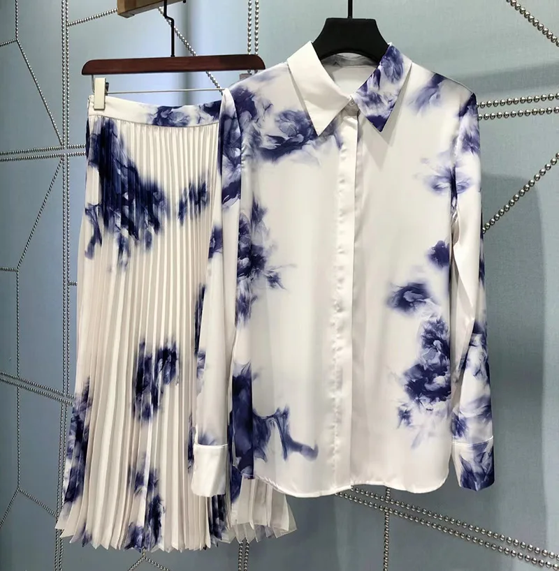 

Spring 2021 New Designer women's print Skirt Suit High quality elegant Shirts+pleated Skirts 2piece set C024