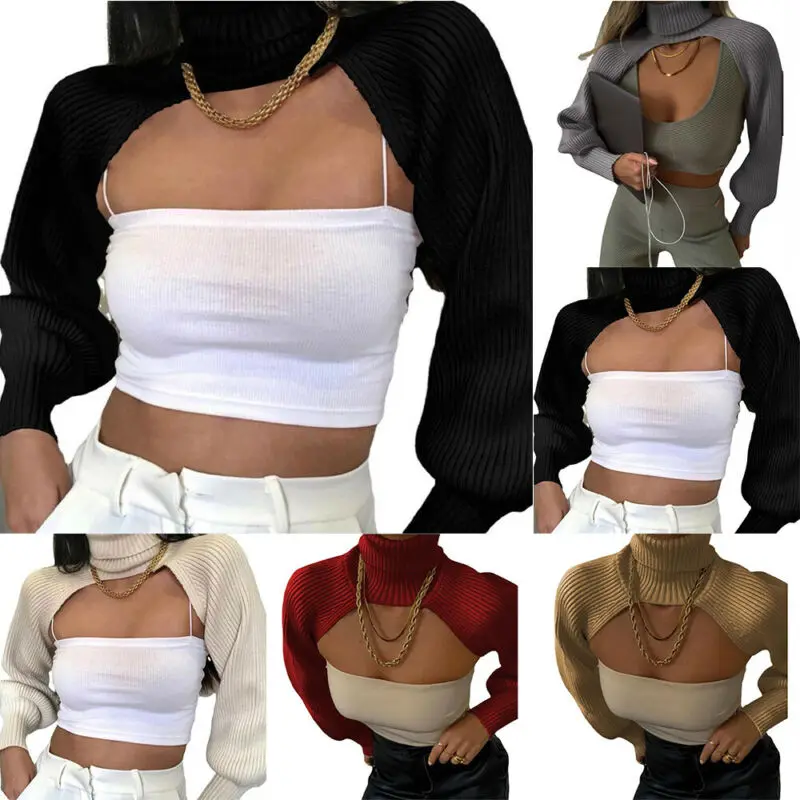 

Shawl Cropped Top Knit Sweaters Winter Autumn Warm Thick Casual Coat Round Neck Sweater Open Chest Turtlenecks Women Clothing