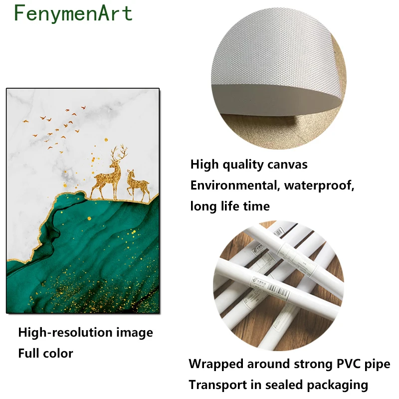 

Modern Abstract Canvas Painting Gold Green Marbling Poster Wall Art Posters Elk Birds Picture Home Room Decoration
