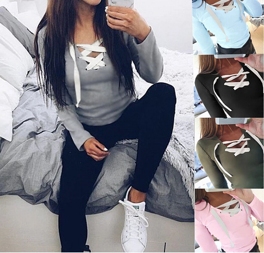 

V-neck Bandage Hoodies Casual Kawaii Hoodie Sweatshirts 2020 Women Sexy Long Sleeve Shirts Female Tops Tee Blouse Blusas GV371
